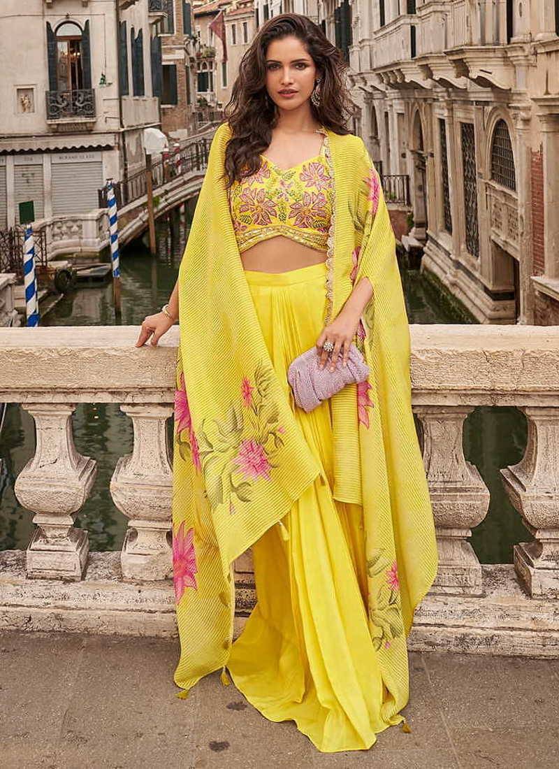 Yellow faux chinon silk embroidered readymade top & skirt with jacket