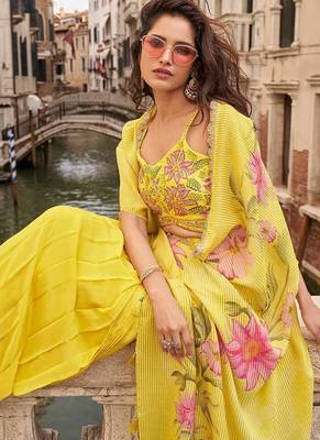 Yellow faux chinon silk embroidered readymade top & skirt with jacket 2
