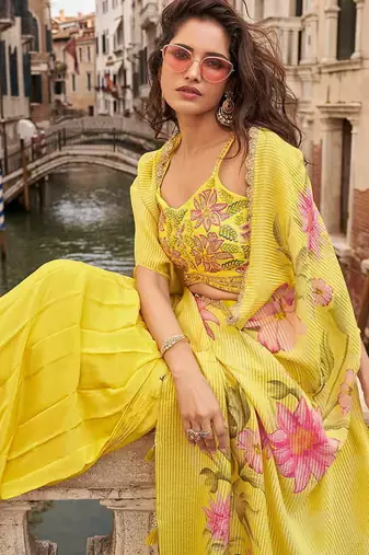 Yellow faux chinon silk embroidered readymade top & skirt with jacket