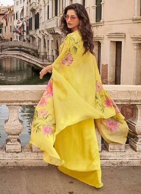 Yellow faux chinon silk embroidered readymade top & skirt with jacket 3