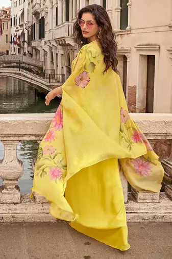 Yellow faux chinon silk embroidered readymade top & skirt with jacket