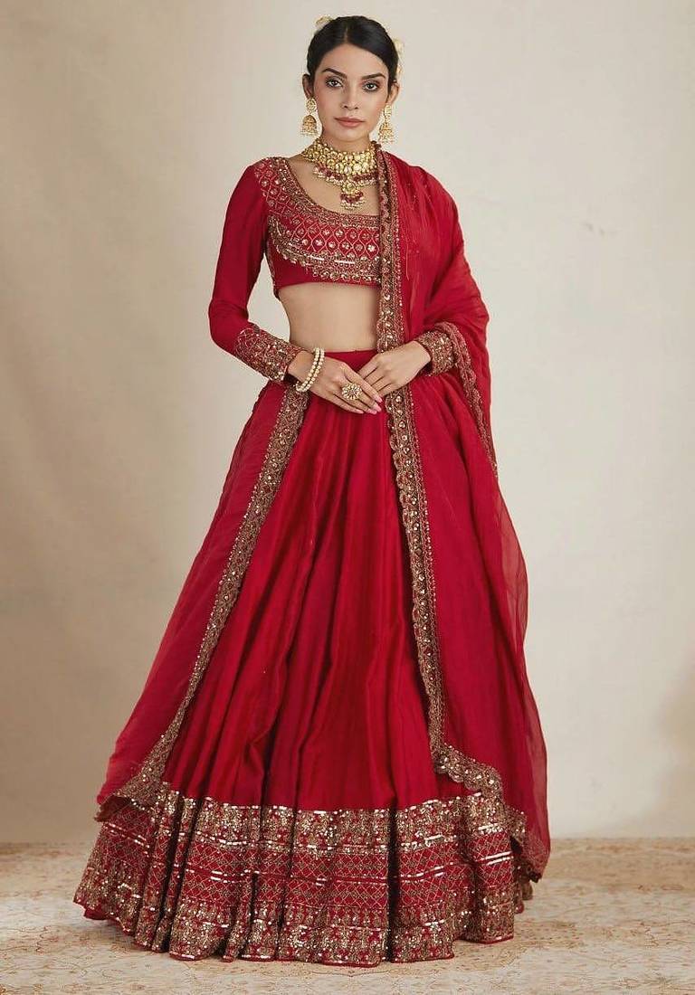 Red thread and Sequnce work Silk Blend Lehenga Choli Set