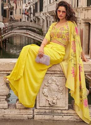 Yellow faux chinon silk embroidered readymade top & skirt with jacket 4