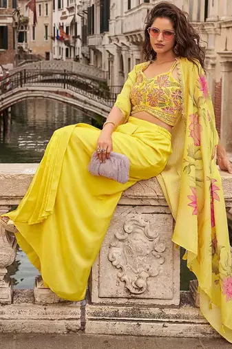 Yellow faux chinon silk embroidered readymade top & skirt with jacket