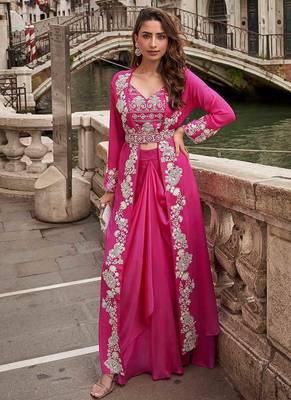 Rani pink faux chinon silk embroidered readymade top & skirt set with jacket 1