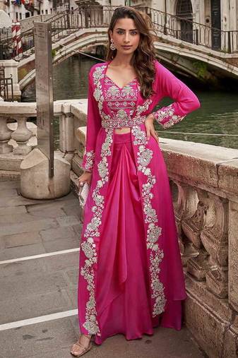 Rani pink faux chinon silk embroidered readymade top & skirt set with jacket