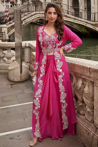 Rani pink faux chinon silk embroidered readymade top & skirt set with jacket