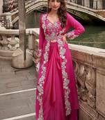 Rani pink faux chinon silk embroidered readymade top & skirt set with jacket