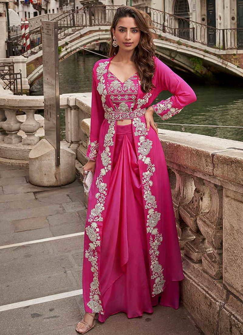Rani pink faux chinon silk embroidered readymade top & skirt set with jacket