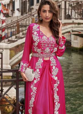 Rani pink faux chinon silk embroidered readymade top & skirt set with jacket 2
