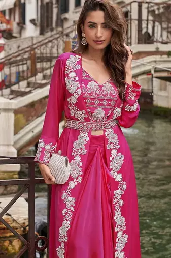 Rani pink faux chinon silk embroidered readymade top & skirt set with jacket
