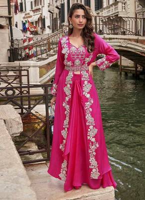 Rani pink faux chinon silk embroidered readymade top & skirt set with jacket 3