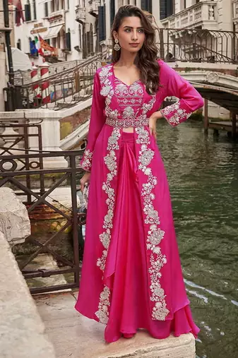 Rani pink faux chinon silk embroidered readymade top & skirt set with jacket