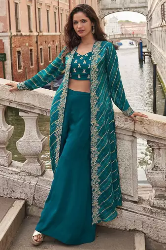 Teal blue faux chinon silk embroidered readymade top & palazzo set with jacket
