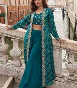 Teal blue faux chinon silk embroidered readymade top & palazzo set with jacket