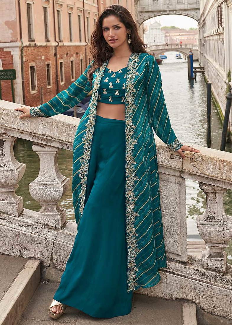 Teal blue faux chinon silk embroidered readymade top & palazzo set with jacket