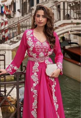 Rani pink faux chinon silk embroidered readymade top & skirt set with jacket 4