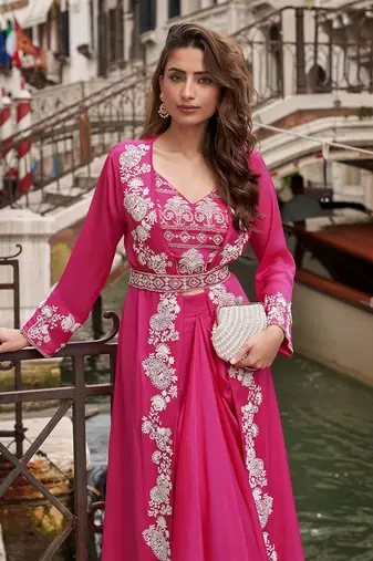 Rani pink faux chinon silk embroidered readymade top & skirt set with jacket