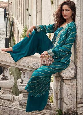 Teal blue faux chinon silk embroidered readymade top & palazzo set with jacket 2