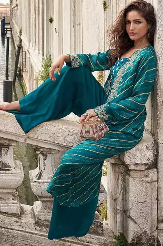 Teal blue faux chinon silk embroidered readymade top & palazzo set with jacket
