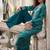 Teal blue faux chinon silk embroidered readymade top & palazzo set with jacket
