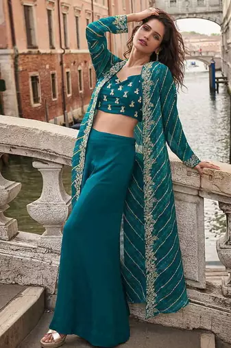 Teal blue faux chinon silk embroidered readymade top & palazzo set with jacket