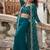 Teal blue faux chinon silk embroidered readymade top & palazzo set with jacket