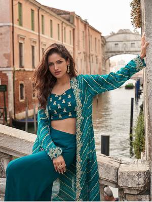 Teal blue faux chinon silk embroidered readymade top & palazzo set with jacket 4
