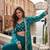 Teal blue faux chinon silk embroidered readymade top & palazzo set with jacket