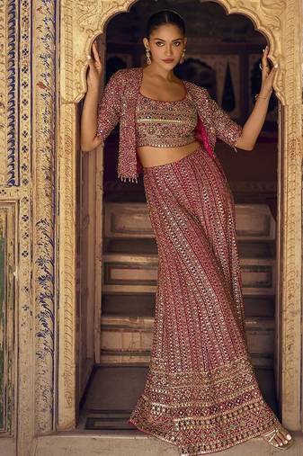 Hot pink faux georgette embroidered readymade top & palazzo set with jacket