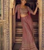 Hot pink faux georgette embroidered readymade top & palazzo set with jacket