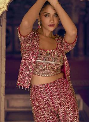 Hot pink faux georgette embroidered readymade top & palazzo set with jacket 2
