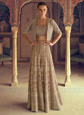 Beige faux georgette embroidered readymade top & palazzo set with jacket 1