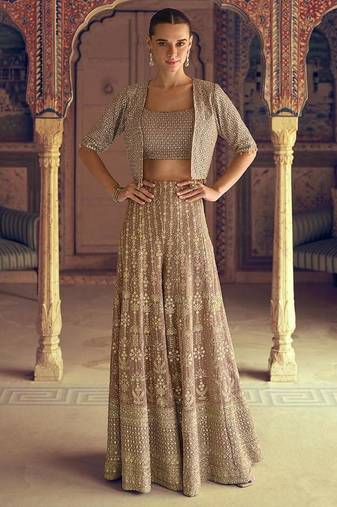 Beige faux georgette embroidered readymade top & palazzo set with jacket