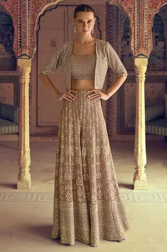 Beige faux georgette embroidered readymade top & palazzo set with jacket