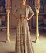 Beige faux georgette embroidered readymade top & palazzo set with jacket