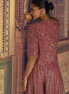 Hot pink faux georgette embroidered readymade top & palazzo set with jacket 3