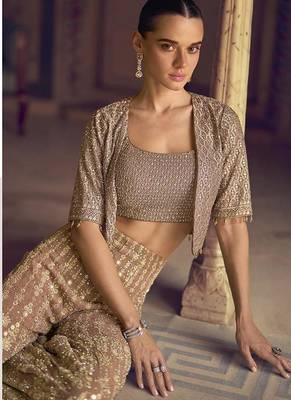 Beige faux georgette embroidered readymade top & palazzo set with jacket 2