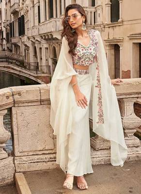 Off white faux chinon silk embroidered readymade top & palazzo set with jacket 1