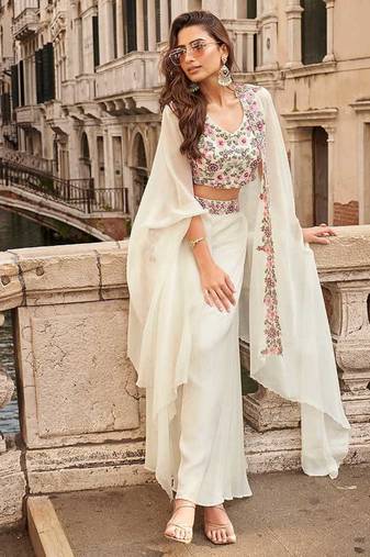 Off white faux chinon silk embroidered readymade top & palazzo set with jacket