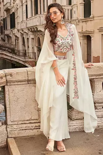 Off white faux chinon silk embroidered readymade top & palazzo set with jacket