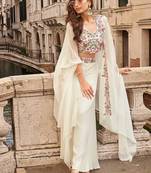Off white faux chinon silk embroidered readymade top & palazzo set with jacket