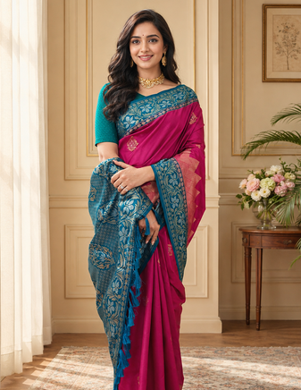 magenta color zari weaves contrast pallu and designer chaap border silk blend saree