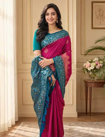 magenta color zari weaves contrast pallu and designer chaap border silk blend saree
