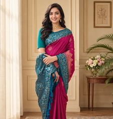 magenta color zari weaves contrast pallu and designer chaap border silk blend saree