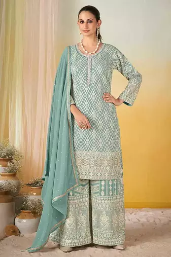 Sea green faux georgette readymade embroidered palazzo suit