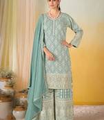 Sea green faux georgette readymade embroidered palazzo suit