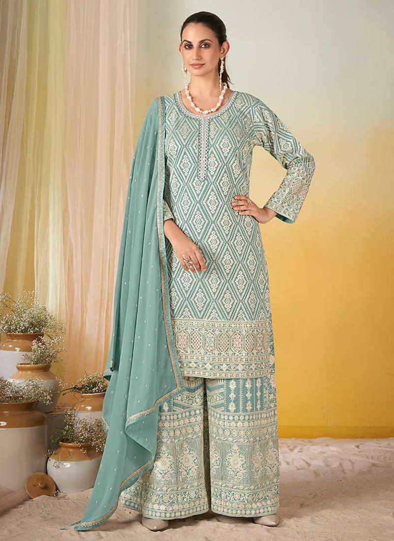 Sea green faux georgette readymade embroidered palazzo suit