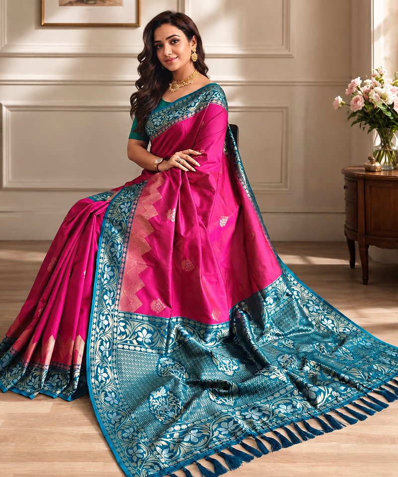 magenta color zari weaves contrast pallu and designer chaap border silk blend saree