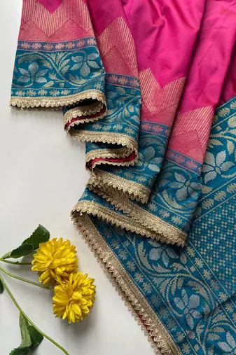 magenta color zari weaves contrast pallu and designer chaap border silk blend saree